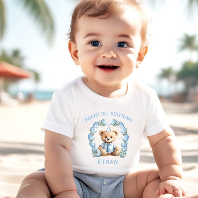 Beary 1:a födelsedagen Bear Blue Beige Baby T-shir T Shirt (Beary 1st Birthday Bear Blue Beige Boy Baby T-shirt)