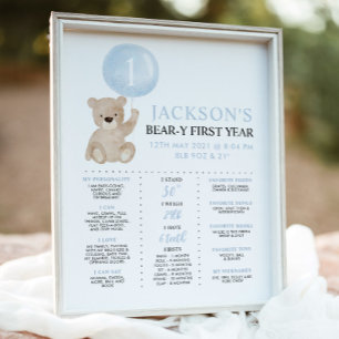 Beary 1:a födelsedagen Milestone Blue Boy Bear Poster