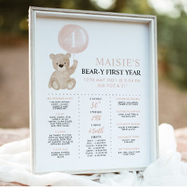 Beary 1:a födelsedagen - milstolpe Rosa Girl Bear  Poster