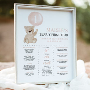 Beary 1:a födelsedagen - milstolpe Rosa Girl Bear Poster