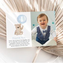 Beary 1-års födelsedagsbjörn Blå ballong Foto Plat Tack Kort