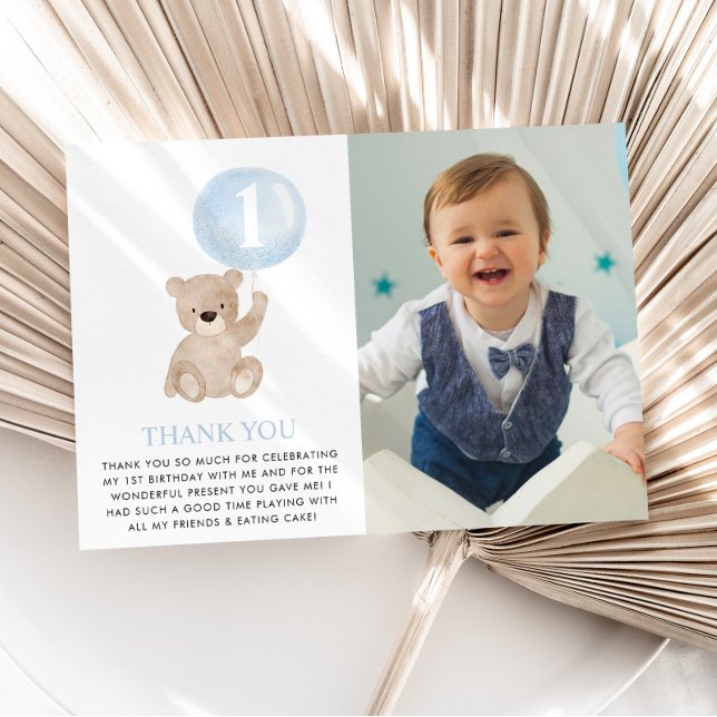 Beary 1-års födelsedagsbjörn Blå ballong Foto Plat Tack Kort (MATCHING 1ST BIRTHDAY ITEMS AVAILABLE)