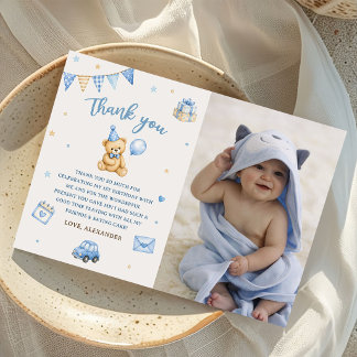 Beary 1-års födelsedagsbjörn Blå ballong Foto Tack Kort