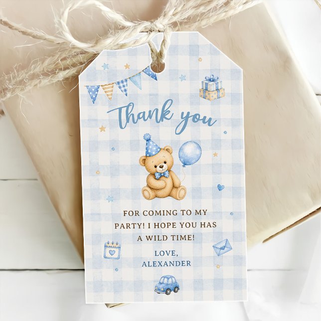 Beary 1-års födelsedagsbjörn Blå ballong Presentetikett (Skapare uppladdad)