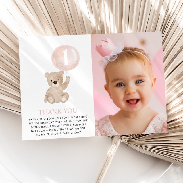 Beary 1-års födelsedagsbjörn Rosa ballong Foto Pla Tack Kort (MATCHING 1ST BIRTHDAY ITEMS AVAILABLE)