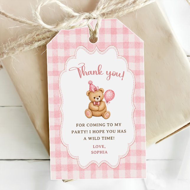Beary 1-års födelsedagsbjörn Rosa ballong Presentetikett (Skapare uppladdad)
