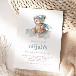 Beary 1-årsdag Blå Akvarell Teddybjörn Inbjudningar