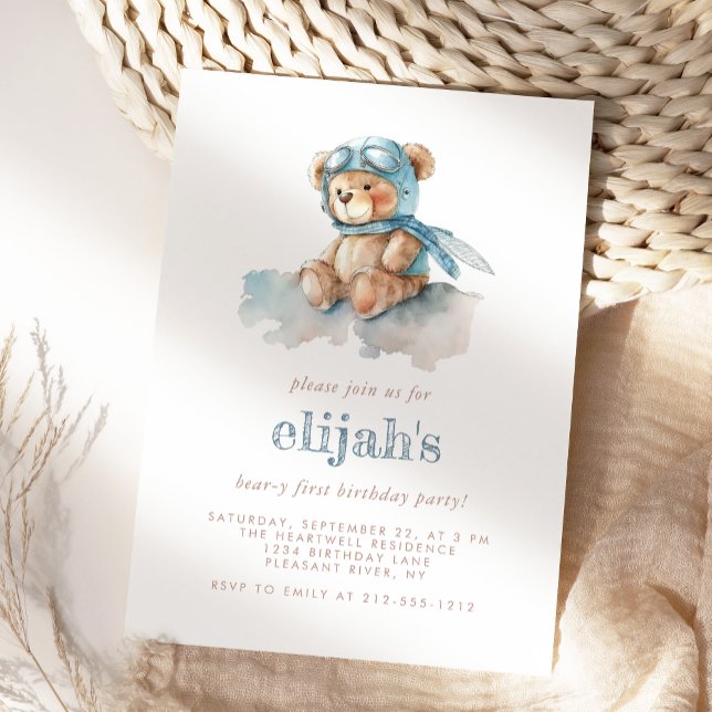 Beary 1-årsdag Blå Akvarell Teddybjörn Inbjudningar (Skapare uppladdad)