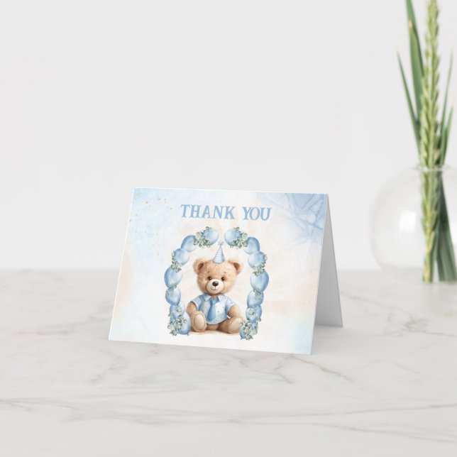 Beary 1-årsdag Blå Beige Ballonger Teddybjörn Tack Kort (Framsida)