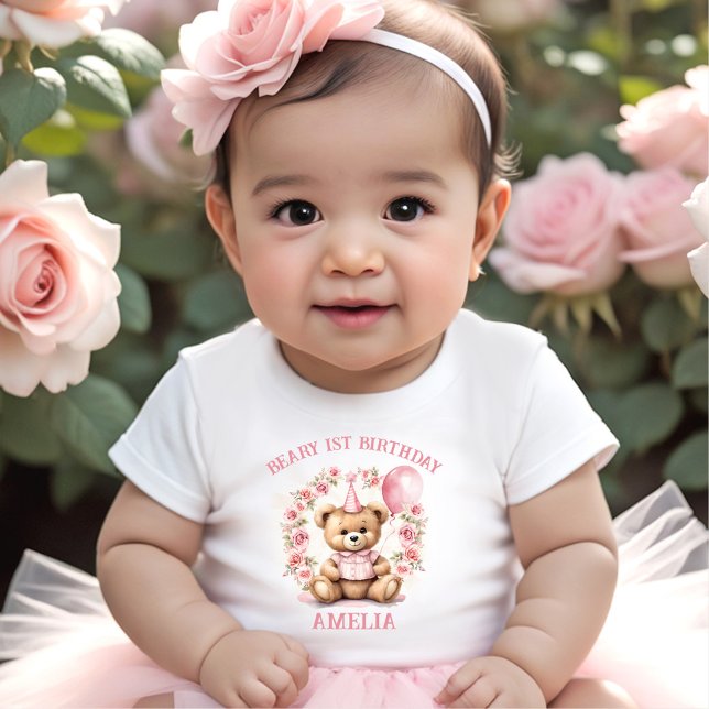 Beary 1st Birthday Bear Girl Rosa Baby T-shirt (Beary 1st Birthday Bear Girl Pink Baby T-shirt)