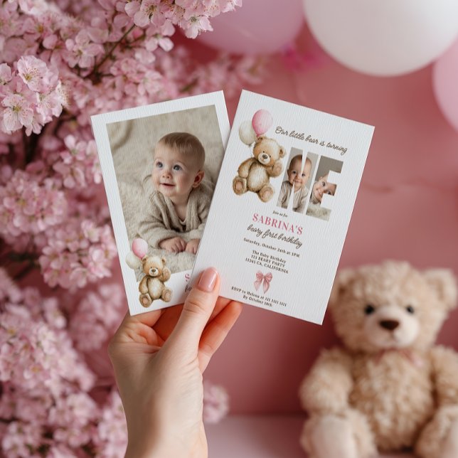 Beary 1st Birthday Nalle Photo Rosa Balloon Inbjudningar (Beary 1st Birthday Teddy Bear Photo Pink Balloon Invitation)