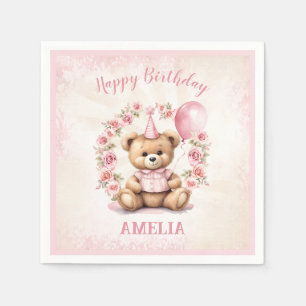 Beary 1st Birthday Rosa Nalle Papper Napkins Pappersservett