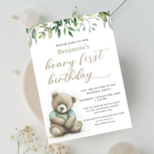Beary 1st Birthday Watercolor Nalle Löv Inbjudningar