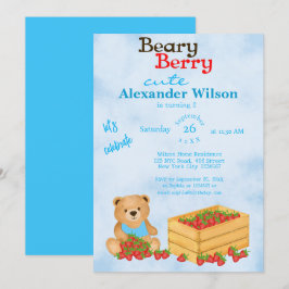 Beary Berry Cute Blue Unge Strawbär Birthday Inbjudningar
