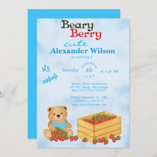 Beary Berry Cute Blue Unge Strawbär Birthday Inbjudningar