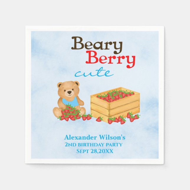 Beary Berry Cute Strawberry Unge Boy Födelsedagsfe Pappersservett (Framsidan)