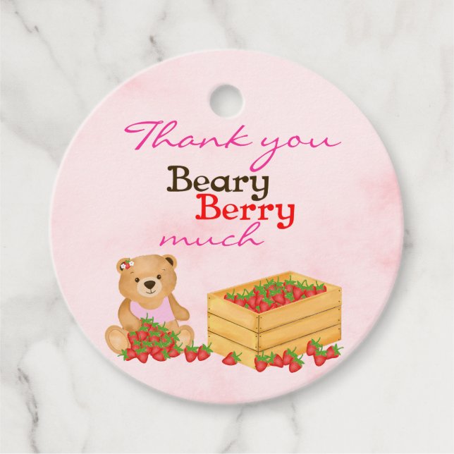 Beary Berry Sweet Girly Rosa Strawberry Birthday Gåvor Etiketter (Framsida)
