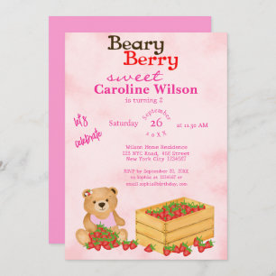 Beary Berry Sweet Rosa Unge Strawbär Birthday Inbjudningar