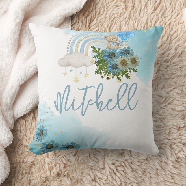 Beary Boho Rainbow Blue Balloon Personalize Kudde (Skapare uppladdad)