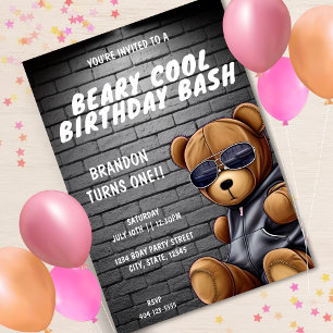 Beary Coola Hip hop Nalle Första Födelsedagsfesten Inbjudningar