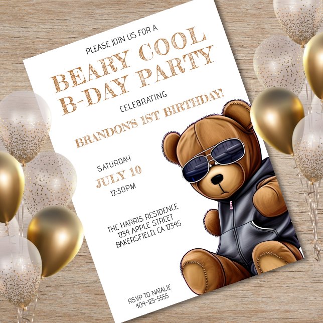 Beary Coola Nalle Boy 1st Birthday Party Inbjudningar (Beary Cool Teddy Bear Boy 1st Birthday Party Invitation)