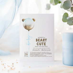 Beary Cute Blue Balloon Nalle Baby Shower Inbjudningar