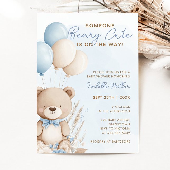 Beary Cute Blue Balloon Nalle Boy Shower Inbjudningar (Skapare uppladdad)