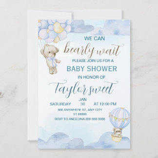 Beary Cute Blue Teddy Bear Baby Shower Invitation Inbjudningar