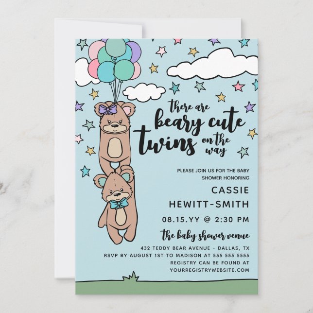 Beary Cute Boy & Girl Twin Baby Shower Inbjudningar (Framsida)
