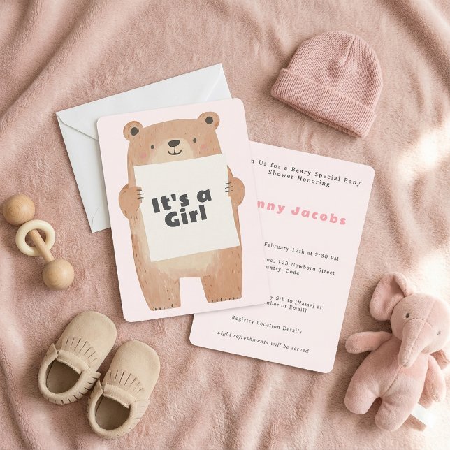 Beary Cute Det är en flicka Babybjörn Inbjudningar (Beary Cute It’s a girl Baby Shower bear Invitation)