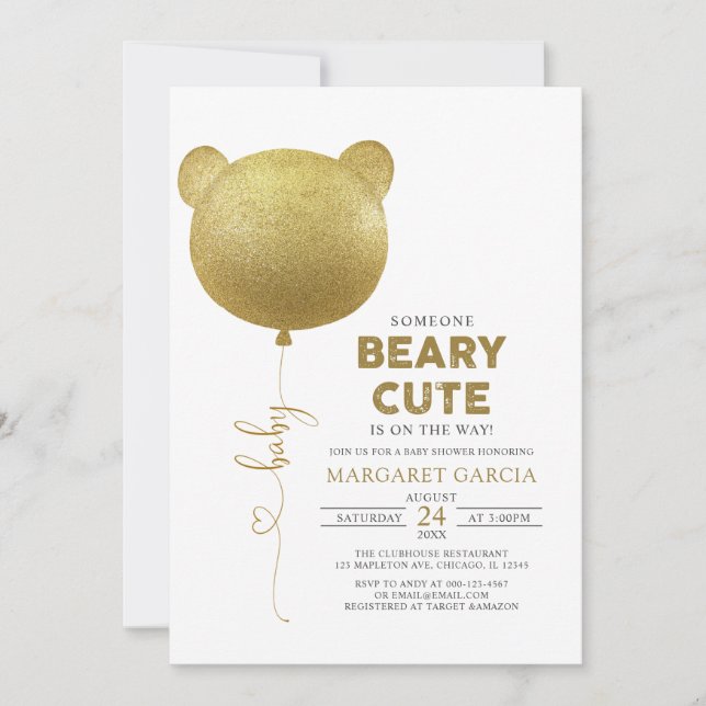 Beary Cute Guld Balloon Nalle Baby Shower Inbjudningar (Framsida)