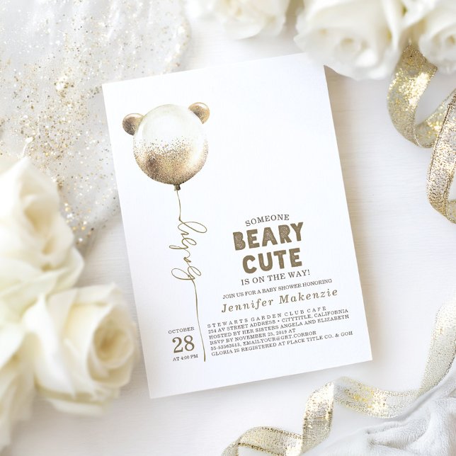 Beary Cute Guld Balloon Nalle Baby Shower Inbjudningar (Bear Baby Shower Invitation)