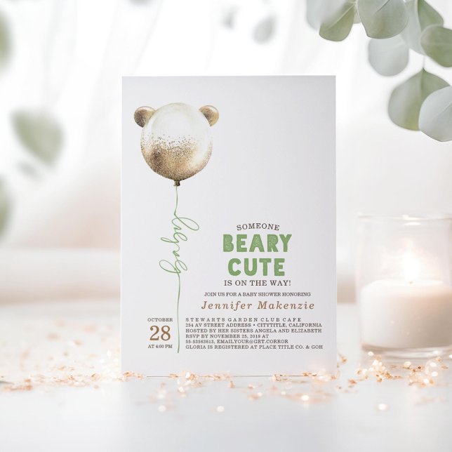 Beary Cute Guld Balloon Nalle Baby Shower Inbjudningar (Beary Cute Baby Shower Invitations Bear Themed in Green and Gold Colors)