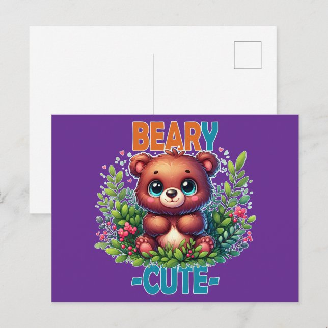 Beary Cute. Nallens tecknad leende. Funny pun Vykort (Fram/baksida)