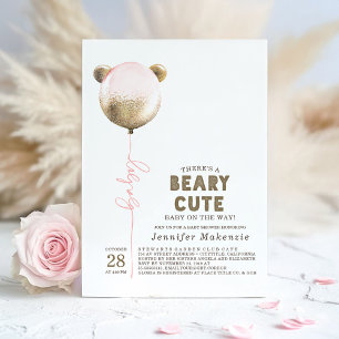 Beary Cute Rosa Balloon Nalle Baby Shower Inv. Inbjudningar