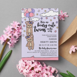 Beary Cute Rosa Girl Girl Twillingars Baby Shower Inbjudningar