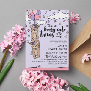 Beary Cute Rosa Girl Girl Twillingars Baby Shower Inbjudningar