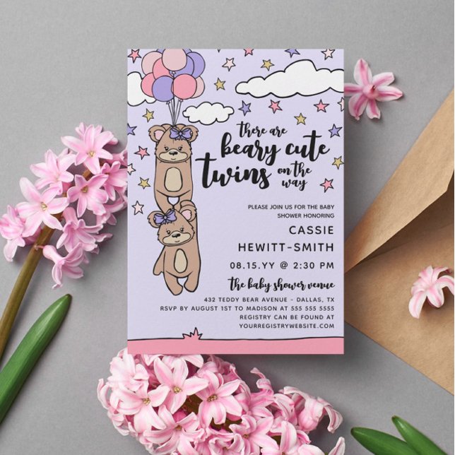 Beary Cute Rosa Girl Girl Twillingars Baby Shower Inbjudningar (Skapare uppladdad)