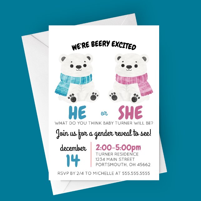 Beary Excted Gender Reveal Call-inbjudan Inbjudningar (Beary Excited Winter Polar Bears Gender Reveal Party Invitation)