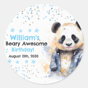 Beary Fantastisk Boys Watercolor Panda Birthday Runt Klistermärke