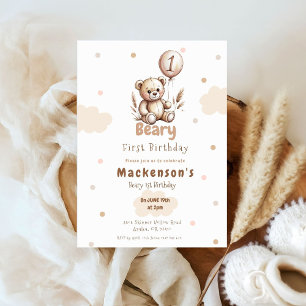 Beary First Ballongpojke 1:a födelsedagsbjörn Inbjudningar