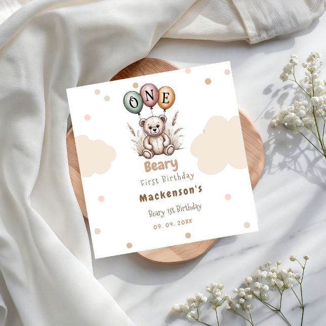 Beary First Balloon Boy 1st Birthday Teddy Bear Pappersservett (Skapare uppladdad)