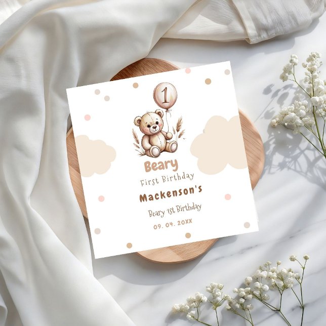 Beary First Balloon Boy 1st Birthday Teddy Bear Pappersservett (Skapare uppladdad)