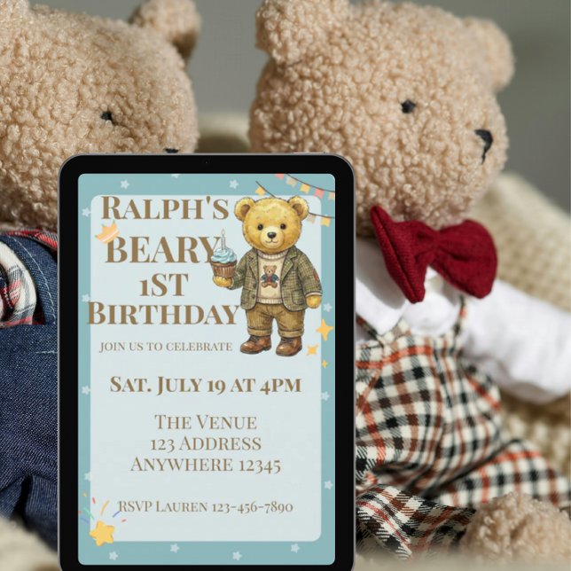 Beary First Birthday Blue Brown Dapper Bear Inbjudningar (Skapare uppladdad)