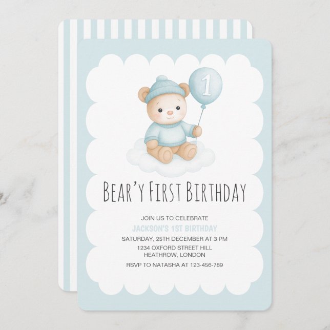 Beary First Birthday Blue Nalle Inbjudningar (Fram/baksida)