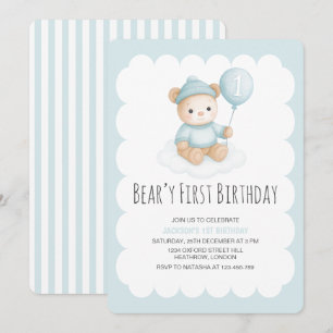 Beary First Birthday Blue Nalle Inbjudningar