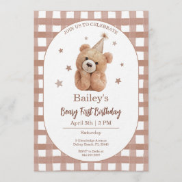 Beary First Birthday Gingham Inbjudningar
