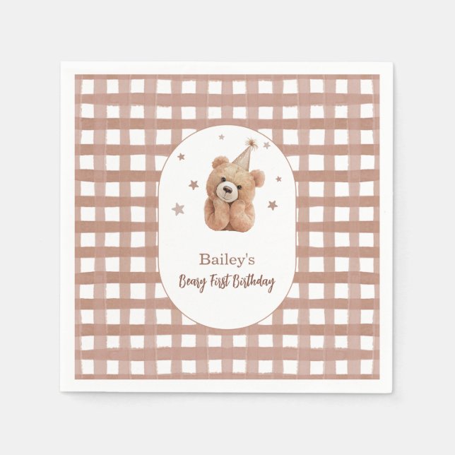 Beary First Birthday Gingham Pappersservett (Framsidan)