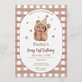 Beary First Birthday Gingham Photo Invitation Inbjudningar