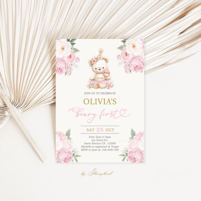 Beary First Birthday Girl Inbjudningar (Skapare uppladdad)